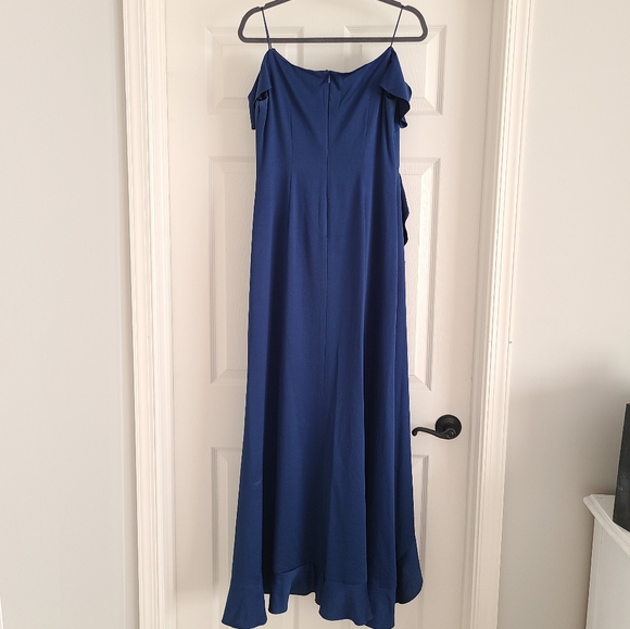 Aidan Mattox Satin Ruffle High Low Cold Shoulder Maxi Long Dress Navy Blue 8 - Picture 6 of 8